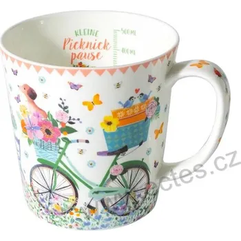 DACHSHUND & BIKE velký porcelánový mega hrnek jezevčík v košíku na městském kole a spousta květinek a motýlků