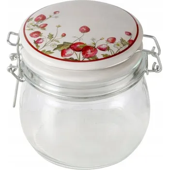 Dóza na potraviny PRŮHLEDNÝ skleněná kuchyňská SKLENĚNÁ ZAVAŘOVACÍ SKLENICE s JAHODY a víčkem, 450 ml