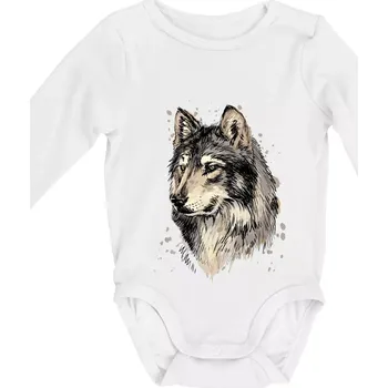 Kojenecký body Hlava vlka kreslená - Body kojenecké s dlouhým rukávem - Dlouhý r. do 3 měs ( Bílá )