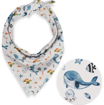 Šátek Dětský bavlněný šátek Sandra SA-660 Modré velryby a mořská zvířátka na bílém 70 x 70 cm