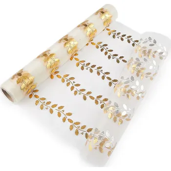 Výtvárné potřeby Vánoční organza s potiskem - cesmína, šíře 36 cm, barva 2 krémová světlá zlatá