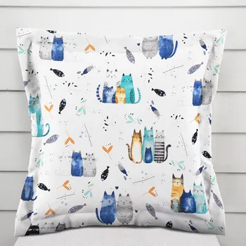 Povlak na polštářek Dětský bavlněný povlak na polštář s lemem Sandra SA-653 Kočičí svět modrý na bílém 35 x 45 cm