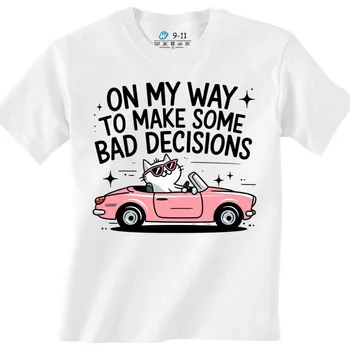 Chlapecké tričko Dětské tričko Kočka v Autě Na cestě udělat pár špatných rozhodnutí (Velikost: 12-13, Barva: Bílá)