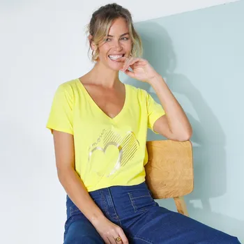 Blancheporte Tričko s výstřihem do V, krátkými rukávy a potiskem srdce vpředu žlutá 38/40