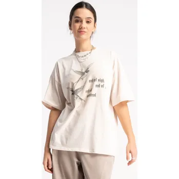 Reporter Young | Dívčí béžové oversize tričko s potiskem KOLIBŘÍKA - Barva BÉŽOVÁ, Velikost 158 251-0440G-15-220-1