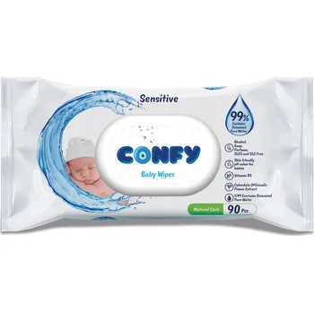 Hygienický ubrousek VLHČENÉ UBROUSKY CONFY SENSITIVE 99% VODY S KLIPEM 90 KS PRO DĚTI
