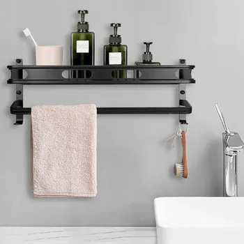 Koupelnový nábytek ČERNÁ KOVOVÁ POLICE DO KOUPELNY NA KOSMETIKU S RELINGEM, SUŠÁKEM A HÁČKY