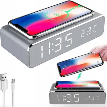 Hodiny Hodiny s budíkem a Qi nabíječkou, stříbrné