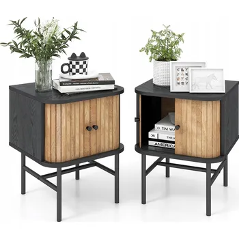 Noční stolek Sada 2 ks Noční stolek s posuvnými dvířky, odkládací stolek, černý