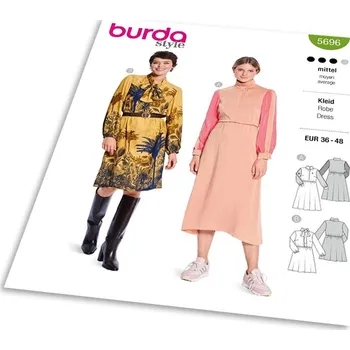 Střih Burda 5696 - Šaty s vysokým límcem, šaty s gumou v pase
