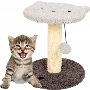 MALÉ ŠKRABADLO PRO KOČKY SLOUPEK 2 ÚROVNĚ VE TVARU KOČKY ŠEDÉ S HRAČKOU