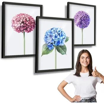 Obraz Sada 3 obrazů KVĚTY BAREVNÉ černý rámeček na zeď 40x50 triptych