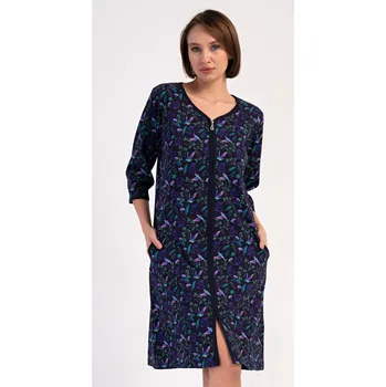 Dámská noční košile Vienetta Dámské domácí šaty s tříčtvrtečním rukávem Kolibřík Barva: Modrá - tmavě, Velikost: 3XL