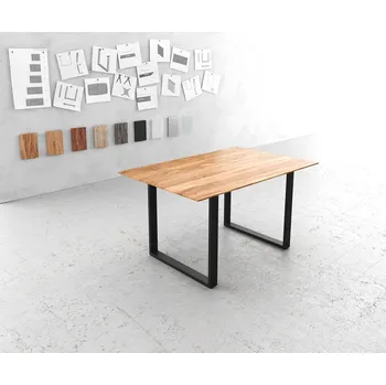 Jídelní stůl DELIFE Jídelní stůl Edge 140x90 akácie přírodní tenká podnož černá švýcarská hrana