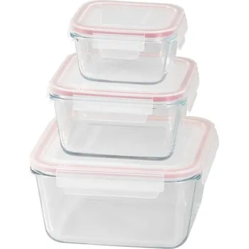 Dóza na potraviny Dóza MagicHome, sada 3 ks, sklenená, sklo, štvorcová, s vekom, 450/1000/1900 ml