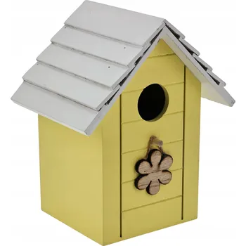 Obraz Dřevěná ptáčí budka s kytičkou žlutá (14x17 cm)