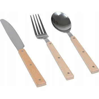 Příbor KEMPINGOVÁ SADA PŘÍBORŮ 6 DÍLNÁ NEREZOVÁ OCEL DŘEVĚNÉ RUKOJETI VINTAGE