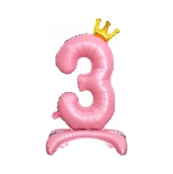 Balónek Fóliový balónek stojící číslice 3 růžové s korunou, 91 cm (36 palců)