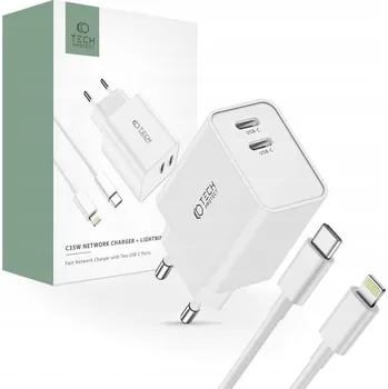 Síťová nabíječka 2x USB-C Tech-Protect PD, 35W + kabel Lightning, iPhone