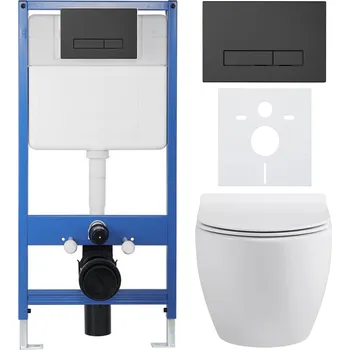 WC sada CERANO - Kompletní podomítkový WC set Lite/Dure - bílá lesklá - WC tlačítko Slim, černé matné - předstěnová instalace/sádrokarton - 51x35 cm