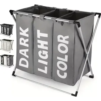 Koš na prádlo Skládací koš na prádlo s 3 přihrádkami a X-rámem, šedá, LAUNDRY TYP 3