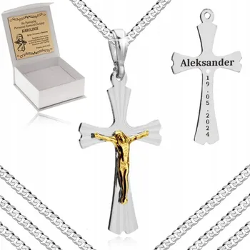 Náhrdelník STŘÍBRNÝ NÁHRDELNÍK + KŘÍŽEK RYZOST 925 GRAVÍROVÁNÍ PRO CHLAPCE K BIŘMOVÁNÍ, KŘTU
