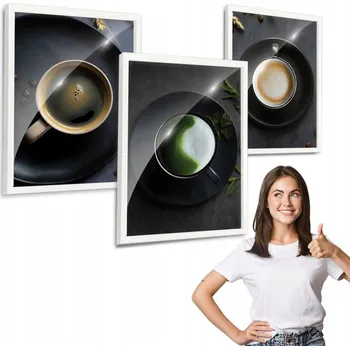Obraz Sada 3 obrazů KÁVA, MATCHA bílý rámeček na zeď 40x50 cm na plexiskle, triptych