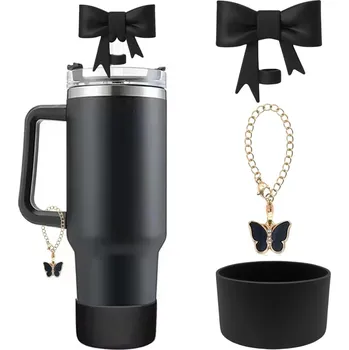 Silikonová sada doplňků ke kelímku s víčkem a řetízkem | silikonové víčko, doplňky ke kelímku - Černá mašle 3 ks