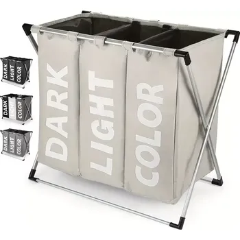 Koš na prádlo Skládací koš na prádlo s 3 přihrádkami a X-rámem, béžová, LAUNDRY TYP 3