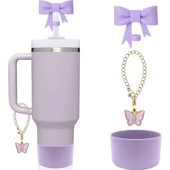 Silikonová sada doplňků ke kelímku s víčkem a řetízkem | silikonové víčko, doplňky ke kelímku - Fialová mašle 3 ks