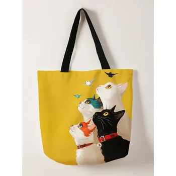 Stylová kočičí plátěná taška přes rameno | nákupní taška, plátěná kabelka