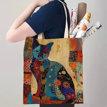 Nákupní taška Stylová skládací taška s potiskem kočky | plátěná taška, cestovní taška - 12