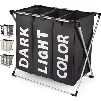 Koš na prádlo Skládací koš na prádlo s 3 přihrádkami a X-rámem, černá, LAUNDRY TYP 3