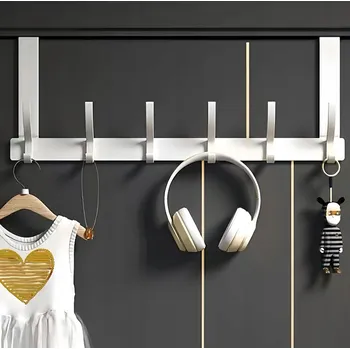 Věšák Věšák na dveře se 6 háčky, odolné háčky nad dveřmi do ložnice, věšák na dveře, odolný proti korozi, háčky na kabáty na dveře, háčky na zadní stranu dveří 40.5 cm Bílá