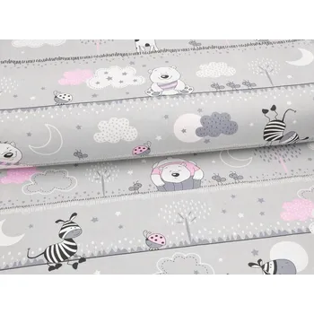 Mirtex Plátno DOMESTINO 120/22013-4 Zvířátka šedo-růžová šíře 160cm Zbytková metráž