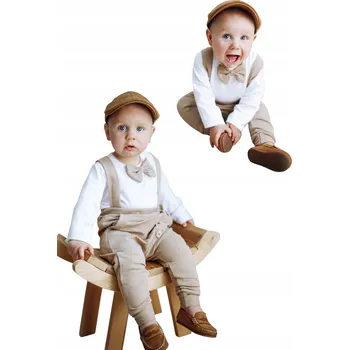 Kojenecká souprava Oblečení ke na křtiny béžové pro chlapečka, body, kalhoty, šle, dřevěné knoflíky, velikost 74