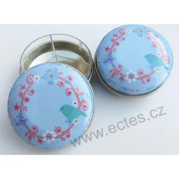 Dóza na potraviny FLOWER BIRD světle modrá plechová dóza mini lékovka 0228 květinový věneček s ptáčkem