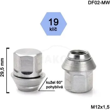 Matice BIMECC Kolová matice M12x1,5 kužel pohyblivá, Ford, klíč 19, výška 29,5mm