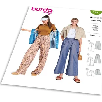 Střih Burda 5707 - Kalhoty s gumou v pase, džínové kalhoty marlene se širokými nohavicemi, šortky