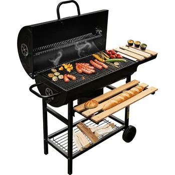 Zahradní gril Velký zahradní gril na dřevěné uhlí s víkem a poličkami TEPLOMĚR Mega-M