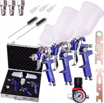 Stříkací pistole 3x Stříkací pistole HVLP 0,8 1,4 1,7 pro lakování, hliníkový kufr, reduktor