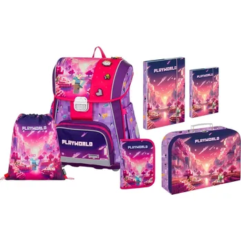 Školní batoh Oxybag Školní set 6ks PREMIUM Playworld Girl Minecraft sada batoh, penál a doplńky 0-90325/06