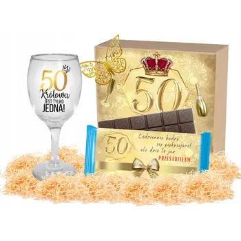 Sklenice Sklenička, Čokoláda, Box, Přání – Dárek k 50. narozeninám pro ni