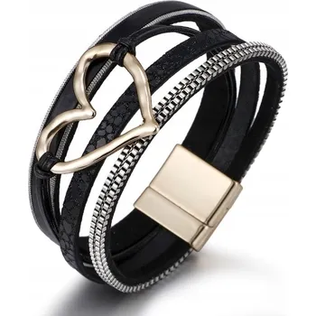 Náramek Vícevrstvý kožený náramek se srdíčkem v boho stylu Černý