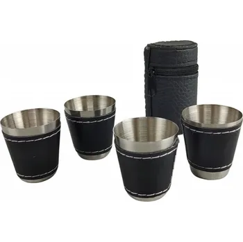 Sklenice Sada panáků s koženým lemem (panák, štamprle) 4ks nerez 3cl s pouzdrem
