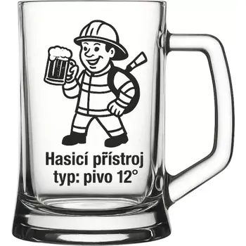 Sklenice Půllitr s pískovaným motivem "Hasicí přístroj" (Půllitr s pískovaným motivem přístroje na hašení, skleněný)