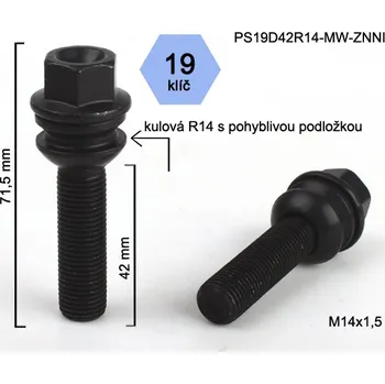 Šroubek na kolo Kolový šroub M14x1,5x42mm, dosedací plocha koule R14 pohyblivá, klíč 19, pozink černý (Šroub na kola)