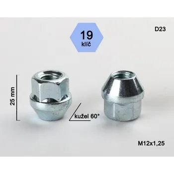 Matice na kolo Kolová matice M12x1,25mm, dosedací plocha kužel, otevřená, klíč 19, stříbrný pozink (Matice na kola)