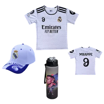 Míčový sport Numberoplus Premium dětské fotbalové tričko FC Real Madrid a kšiltovky a Fotbalová láhev na vodu - Mbappe Velikost: 12 roky (vel.146)