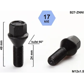 Šroubek na kolo Kolový šroub M12 x 1,5 x 24mm, dosedací plocha kužel, klíč 17, černý pozink (Šroub na kola)